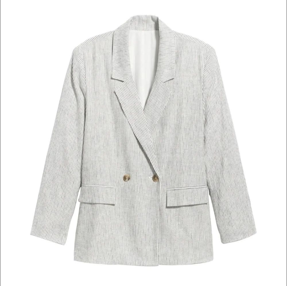 Linen Blend Gray White Pinstripe Double Breasted Blazer Size M